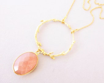 Gemstone necklace with pink moonstone circle pendant, chain 925 silver gold plated Boho