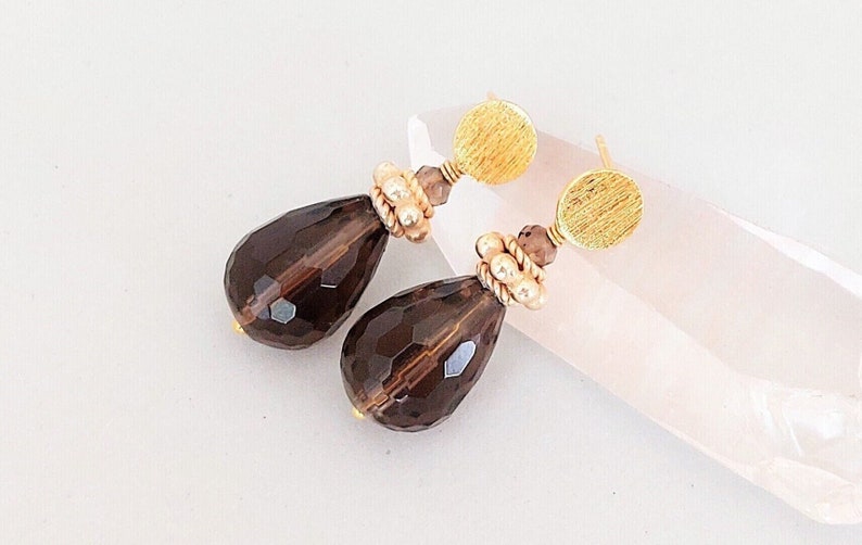 Smoky quartz earrings with ear studs 925 silver gold plated image 2