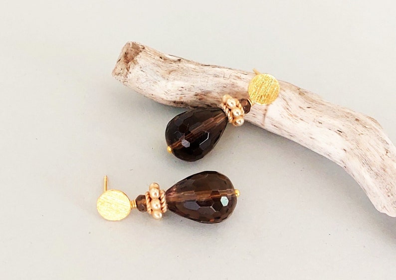 Smoky quartz earrings with ear studs 925 silver gold plated image 4