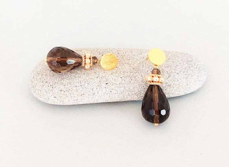 Smoky quartz earrings with ear studs 925 silver gold plated image 5