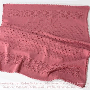 Geburt & Taufe Babydecke aus weicher Wolle Merino mit Größen und Farbwahl personalisierbar mit Namen 38 rose