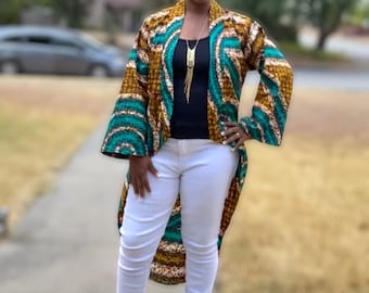 Asymmetrical African Print Kimono/Ankara High-Low Jacket/Boho Fall Outfits/African Fashion for Women/Ethnic Loose-Fit Clothes