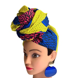 Ethnic Ankara Head Wrap,African print head tie, Boho Hair fashion, Kitenge Head Covering,Ethnic Hair Accessories,Blue and Yellow Women Scarf