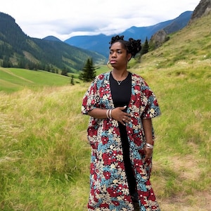 Handmade Ankara Kimono Duster: Red Floral African Wax Print Robe
