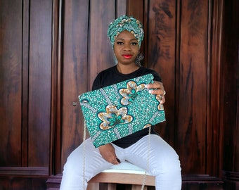 Ankara Clutch and Head Wrap Set/African Print Envelop Purse/ Boho Evening Bag for Women/African Accessories Matching Set/Ethnic Accessories