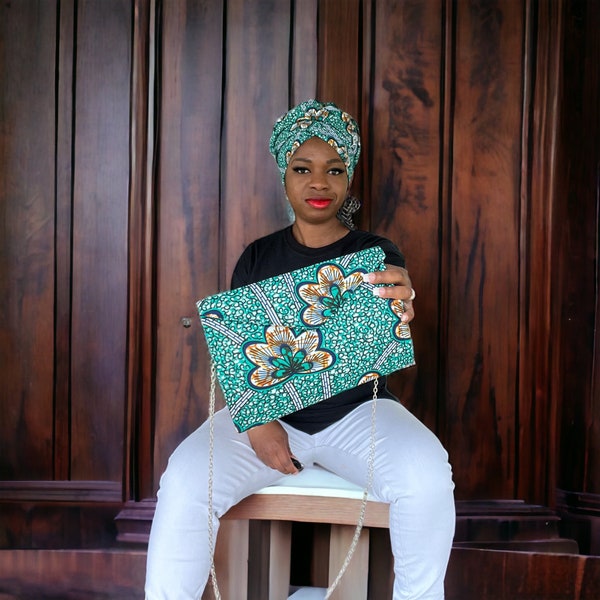 Ankara Clutch and Head Wrap Set/African Print Envelop Purse/ Boho Evening Bag for Women/African Accessories Matching Set/Ethnic Accessories
