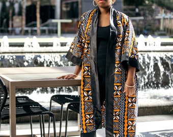 African Print Kimono with Satin Collar/Cotton Duster for Women/Ankara Kimono/African Fall Fashion/African Women Outfit/Loose-Fit Clothes