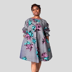 African Multi-Sleeve Dress/Ankara Ruffle Sleeves Outfits/Wedding Guest Dress/Purple Leaves dress/Loose Fit Fall Dress/Maternity Fashion