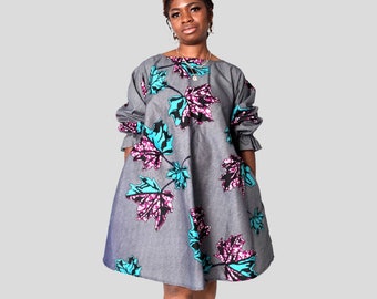 African Multi-Sleeve Dress/Ankara Ruffle Sleeves Outfits/Wedding Guest Dress/Purple Leaves dress/Loose Fit Fall Dress/Maternity Fashion