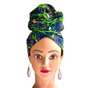 African Ankara Head Wrap,African print head tie, Kitenge Head Covering,Ethnic Hair Accessories,Green and Blue Women Scarf