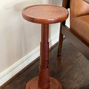 Drink table, 19" tall, solid mahogany. Cocktail table, tall end table, accent table, martini table, pedestal table, plant stand.