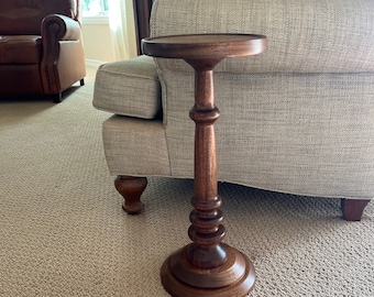 Drink table, Solid Mahogany with dark Walnut stain. 21” tall. Cocktail table, accent table, tall end table, pedestal table, plant stand.