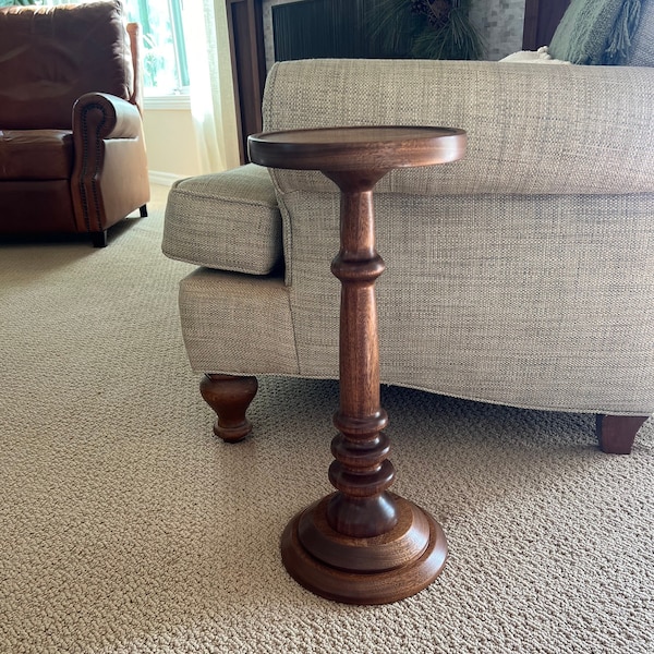 Drink table, Solid Mahogany with dark Walnut stain. 21” tall. Cocktail table, accent table, tall end table, pedestal table, plant stand.