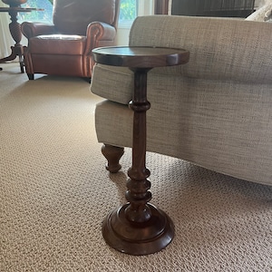 Drink table, Solid Walnut 21” tall. Segmented top. Cocktail table, accent table, martini table, tall end table, pedestal table, plant stand.
