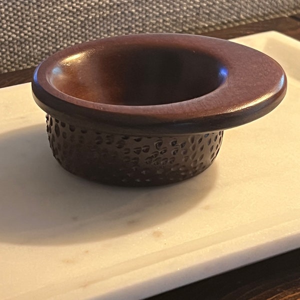 Bedside jewelry bowl, micro bowl of mahogany with offset top and textured bottom. 4 1/2" diameter 1 1/2" deep