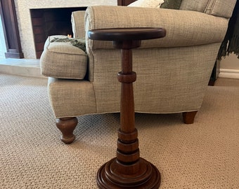 Drink table, Mahogany with dark Walnut stain. 21” tall. Cocktail table, martini table, tall end table, pedestal table, plant stand.