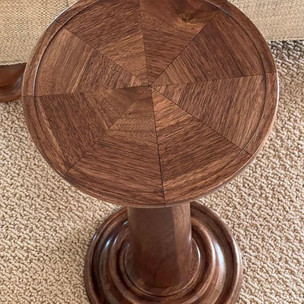 Drink table, solid walnut with segmented top.  Cocktail table, tall end table, accent table, martini table, pedestal table.