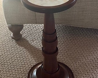 Drink table, Mother of pearl top, Solid Mahogany with dark Walnut stain. Cocktail table, accent table, tall end table, pedestal table.