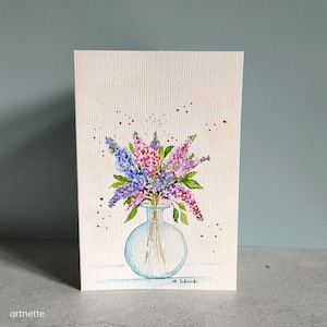 Handgemalte Karte/ Fliederin e. Vase/ Original Aquarell/ Aquarellkarte/Faltkarte mit Umschlag/Unikat!