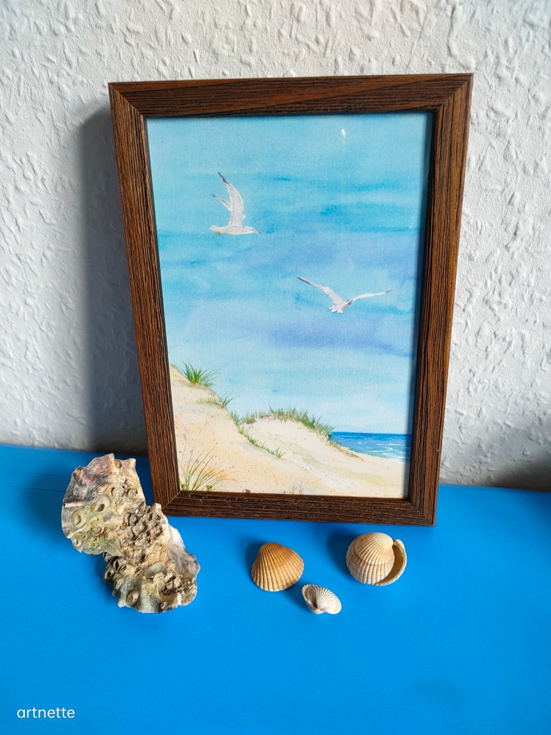Gerahmtes kleines Meer-Aquarell, Kunstdruck in einem Holz-Bilderrahmen, Aquarelldruck, Geschenk, Geburtstag, maritimes Bild, See Bild 3