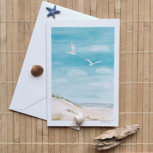 Aquarell-Faltkarte mit Umschlag, Meer/Strand/Möwen, Kunstkarte, Grußkarte, kleines Aquarell, maritime Karte, Insel, Reisen