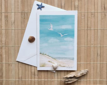 Aquarell-Faltkarte mit Umschlag, Meer/Strand/Möwen, Kunstkarte, Grußkarte, kleines Aquarell, maritime Karte, Insel, Reisen
