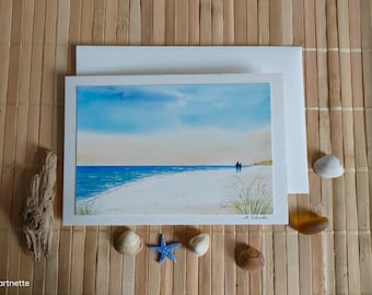 Watercolor card "Beach Walk", painted greeting card, sky, sea, watercolor painting, art card, maritime watercolor, birthday, Valentine's Day