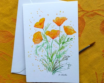 Carte d'art peinte à la main (pas une impression), coquelicots jaunes, aquarelle originale, unique en son genre, carte d'anniversaire, carte de fleurs avec enveloppe