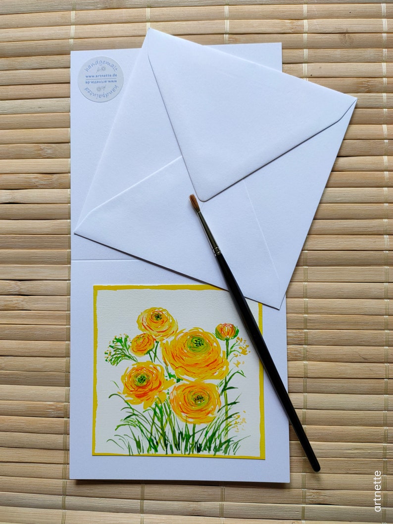 Handgemalte originale Gruß und Glückwunschkarte mit Umschlag kein Druck, Ranunkeln, Frühling, kleines Geschenk, Geburtstag Bild 3