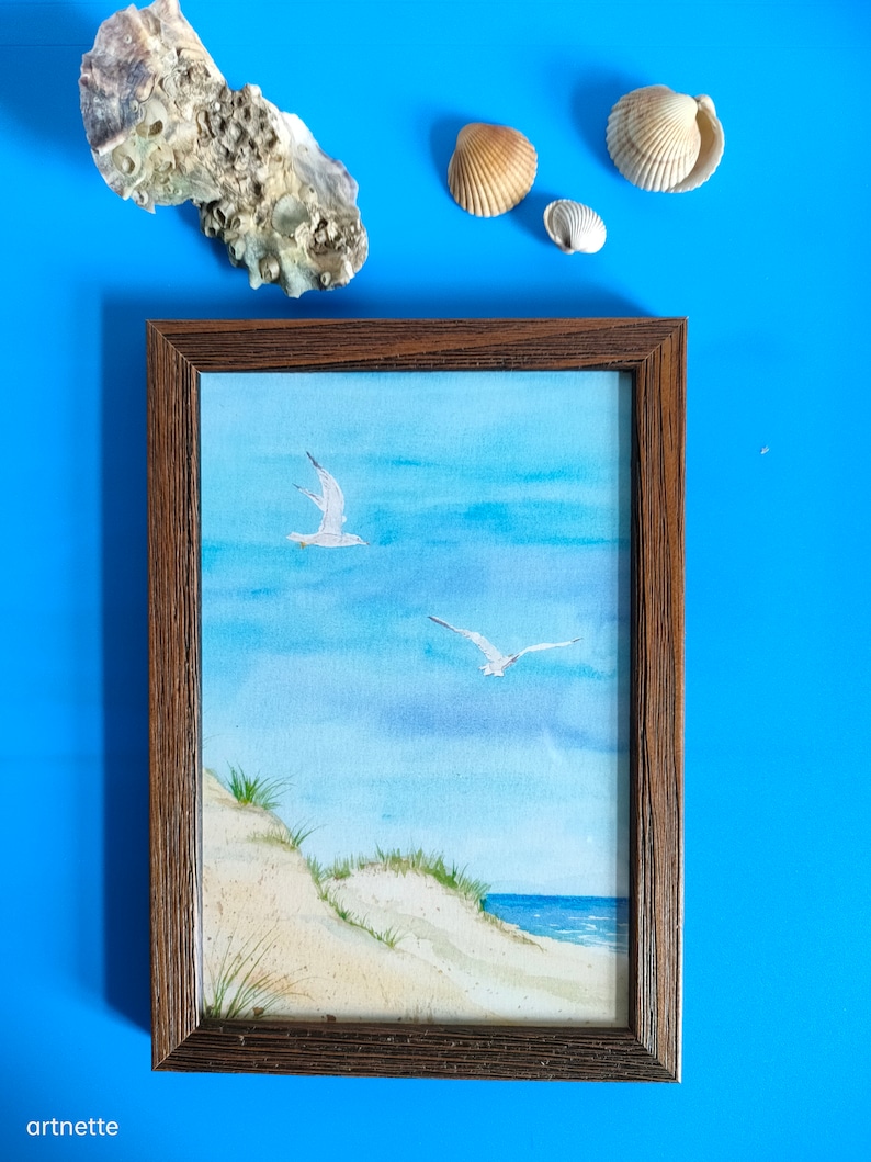 Gerahmtes kleines Meer-Aquarell, Kunstdruck in einem Holz-Bilderrahmen, Aquarelldruck, Geschenk, Geburtstag, maritimes Bild, See Bild 2
