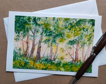 Aquarell-Grußkarte Wald, Kunstkarte, kleines Aquarell, Kunstdruck Natur, Bäume, gemalte Karte, kleines Landschaftsbild, Frühling