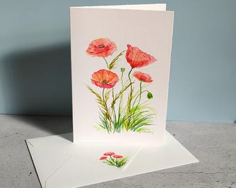 Hand-painted original art card (not printed!) with envelope, poppies, watercolor card, unique item, gift, birthday card, folded card