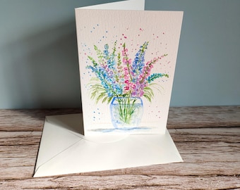 Hand-painted original card/ Larkspur/ Original watercolor/ Watercolor card/Folding card with envelope/ Gift/ Unique item