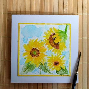 Handgemalte originale Gruß- und Glückwunschkarte mit Umschlag (kein Druck!), Sonnenblume, Aquarellkarte, Unikat, Sommer, Geburtstag