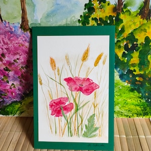 Kunstkarte (Faltkarte) Mohnblumen, Gräser, Blumen, handgemalte Grußkarte, botanischer Druck, Blumendruck, Glückwunschkarte, Blumenkarte