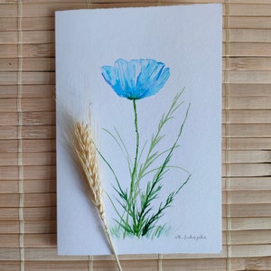 Handgemalte Grußkarte blaue Mohnblume, mit Umschlag, kleines Blumenaquarell, Aquarellkarte, Einzelstück, Unikat!