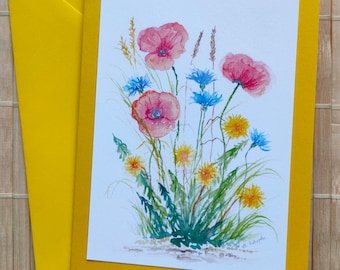 Wildflower greeting card, meadow flowers, watercolor, botanical card, small flower picture, watercolor card, flowers, birthday, art print