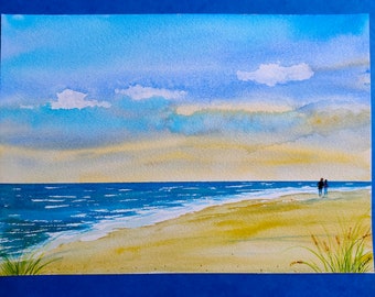 Aquarelle originale « promenade sur la plage », unique peinte à la main, aquarelle de la mer/plage, vacances
