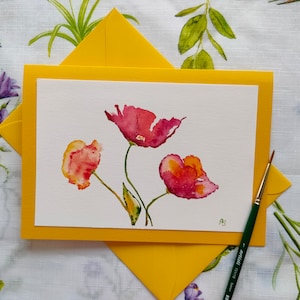 Gemalte Grußkarte, Mohnblumen abstrakt, Wildblumen, Aquarell, botanische Karte, kleines Blumenbild, Aquarellkarte mit Umschlag, Blumen