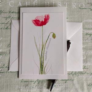Kunstkarte Mohnblume, "Herzlichen Glückwunsch", Aquarellbild, handgemalte Grußkarte, Geburtstagskarte, Blumendruck, Aquarellkarte