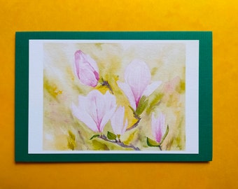 Kunstkarte Magnolien, Aquarellbild, handgemalte Grußkarte, botanischer Druck, Blumendruck, Karte Frühling, Blumen