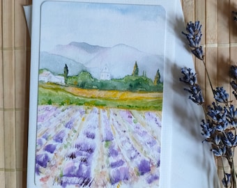 Art card Lavender field, Provence, watercolor painting, hand-painted greeting card, fine art print, watercolor card, lavender, birthday card, DIN B6