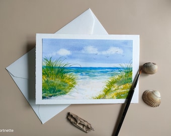 Watercolor folding card with envelope, sea/beach/seagulls/island, art card, greeting card, small watercolor, maritime card, travel