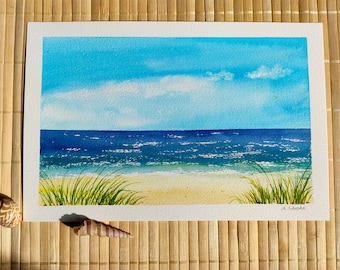 Original watercolor "By the Sea", beach, island, North Sea, maritime painting, original art, maritime landscape, gift, hand-painted unique piece!