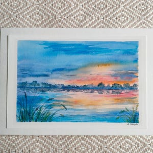 Aquarell Karte/Seelandschaft/ Sonnenuntergang/Grußkarte/ Kunstdruck/Faltkarte mit Umschlag/