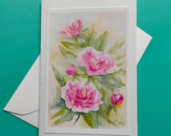 Watercolor card/Peonies/Hand-painted greeting card/Botanical/Floral print/Spring/Flowers, B6,F folded card with envelope