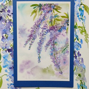 Blauregen/Wisteria, Kunstkarte mit Umschlag, Aquarell, Fine Art, handgemalte Karte, Blumendruck, Blumenaquarell, botanisches Aquarell