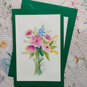 Grußkarte, Blumenstrauß, Aquarell, Blumenaquarell, floral, botanisch, handgemalte Karte, Blumenprint, Geburtstagskarte, Frühling, bunt