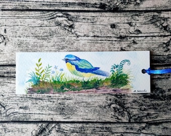 Watercolor bookmark blue tit, bird watercolor, forest, print, gift, painted bookmark, watercolor, reading, souvenir, book gift