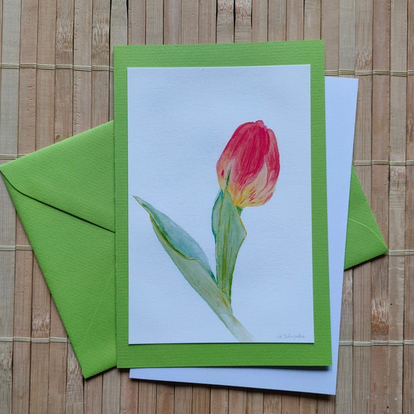 Aquarellkarte Tulpe, Grußkarte, kleines Aqarell, Blumenprint, Blumenaquarell, Frühling, Blumen, liebe Grüße, Kunstkarte, Geburtstagskarte